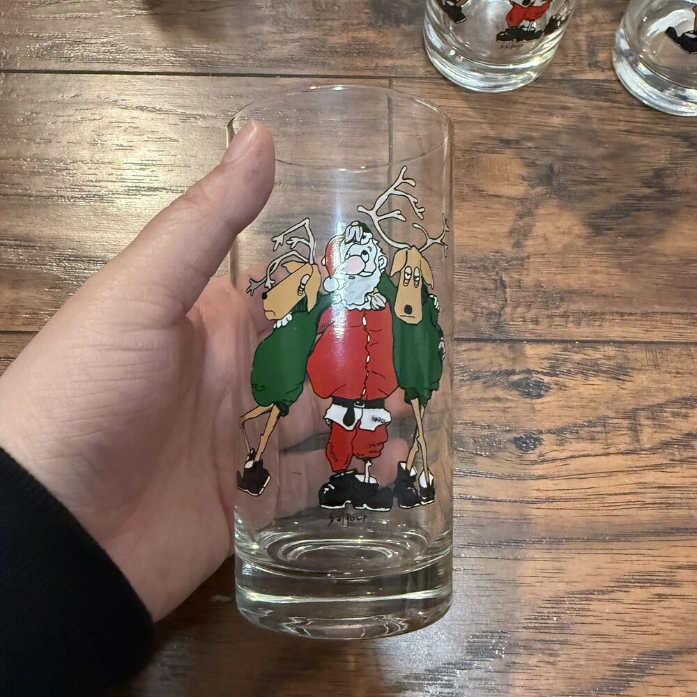 Vintage 7x Tipsy Santa and Reindeer Highball Glass 1960’s - 5 5/8” High, U2